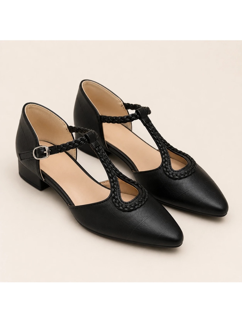Black Braided T Strap Mary Jane Flats Pointed Toe Low Heel Shoes Women 6.5 (37)